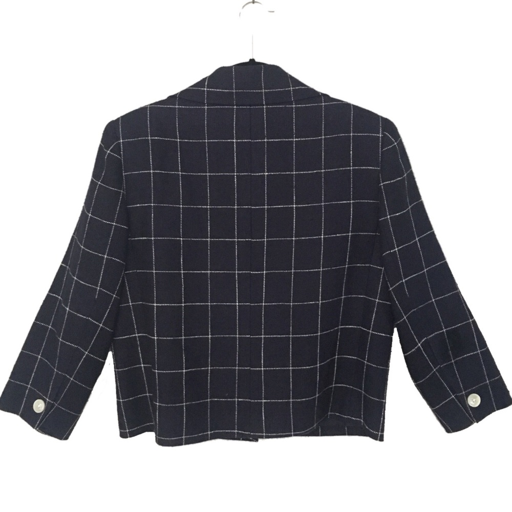 LRL Lauren Ralph Lauren ⌘ Silk + Linen Cropped Jacket ⌘ Windowpane Plaid ⌘ Navy - Picture 8 of 9